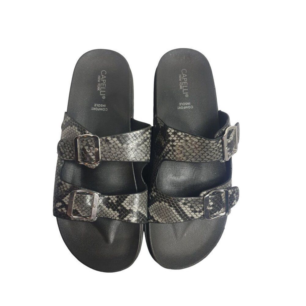 Women's Double Buckle Sandals Snake Print  Slide Sandals Size 9 Black & Gray NEW